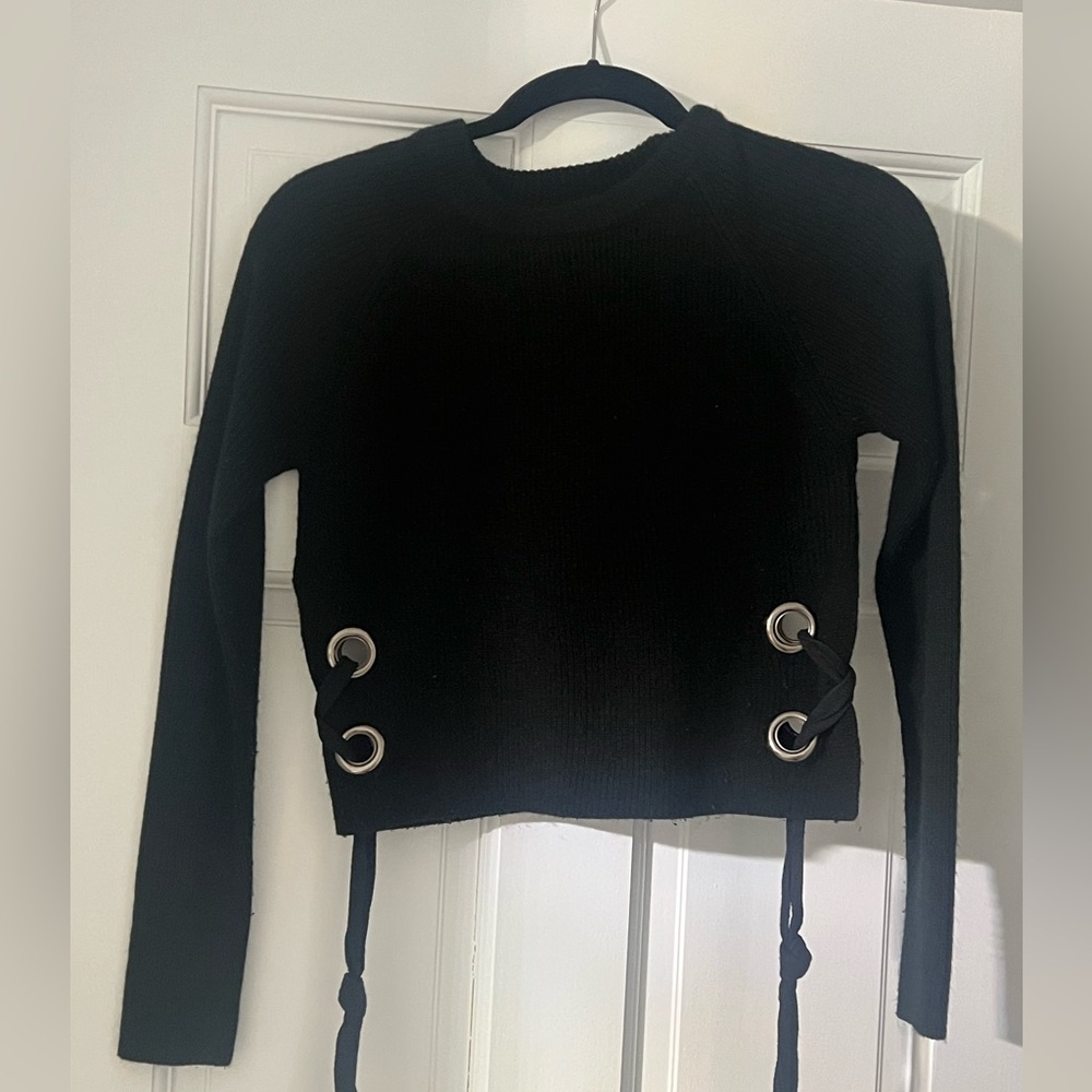 Black sweater, semi cropped, side ties